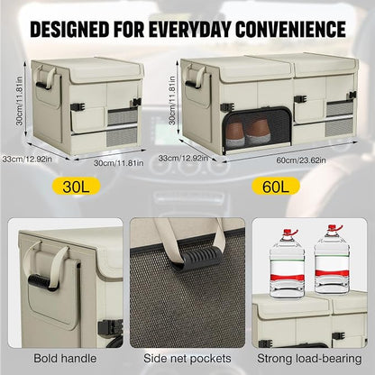 Foldable Car Trunk Organizer with Multi-Compartment – Expandable 30-60L Storage Bin, Side Mesh Pockets, Waterproof 600D Oxford Cloth, Car Accessories for SUV/Truck/Sedan, Beige, 23.6"x13.0"x11.8"