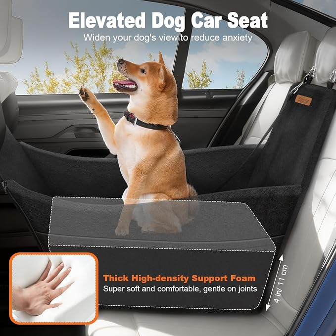 Elevated Dog Car Seat, Dog Booster Car Seats for Small & Medium Breeds Up to 35lbs, Fully Detachable and Washable, Memory Foam Pet Carseat with 2 Storage Pockets & 3 Safety Belts, Black