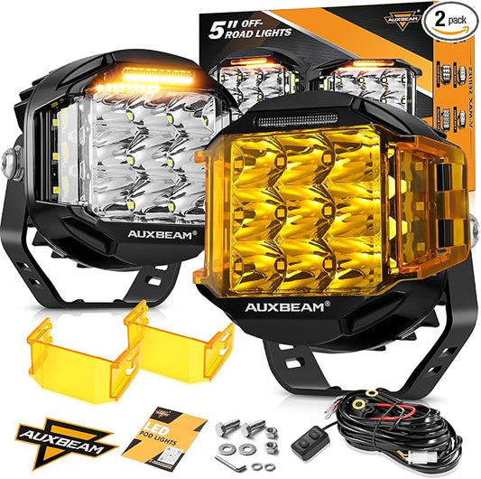 Auxbeam V-MAX Series 5 in LED Light Pods, 168W Offroad Side Shooter Round Driving Lights Pod with 3 Modes Amber DRL, 270° Wide Range Universal Auxiliary Light with Covers for Truck Jeep SUV ATV UTV