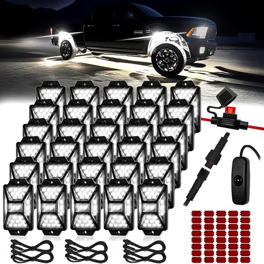 40 Pods Pure White LED Rock Lights Kit with Switch Wiring Harness,6500K 1080 LEDs Bright Rock Lights for Trucks,Waterproof Underglow Light for Car Jeep Off Road ATV UTV SUV(Patented)