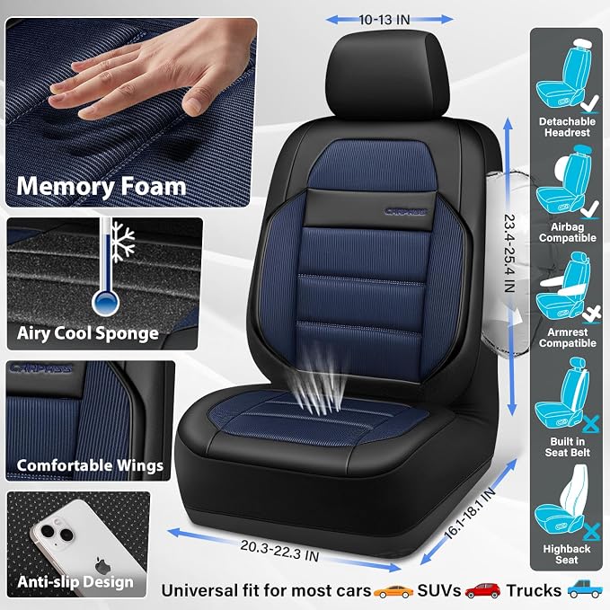 CAR PASS Memory Foam Seat Covers Front, Airy Cool Mesh Thick Car Seat Covers, Leather Car Seat Covers Front Seats Airbag Compatible, Universal Automotive Comfort for Most Cars, Trucks, SUV, Black Blue