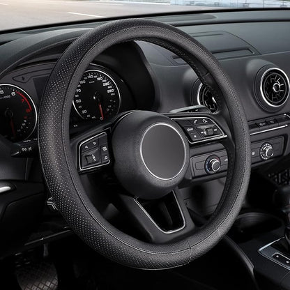 SEG Direct Black Car Steering Wheel Cover Small Size 14-14.25 inch (35.5-36 cm), for Prius Civic Model 3 Model Y Camaro, Breathable Microfiber Leather