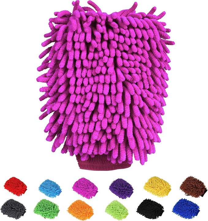 Car Wash Mitt Chenille Microfiber Super Absorbent, Premium Car Washing Gloves for Cleaning Cars, Trucks, Motorcycles (Dark Pink)