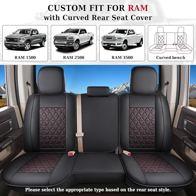Coverado Dodge Ram Seat Covers Full Set, Waterproof Truck Car Seat Cover Protectors Custom Fit for 2002-2026 Dodge RAM 1500 2500 3500 with Curved Bench(Black&Red line)