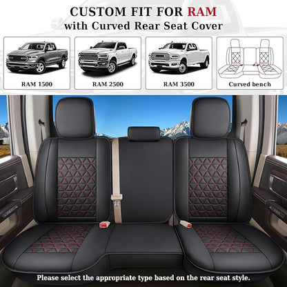 Coverado Dodge Ram Seat Covers Full Set, Waterproof Truck Car Seat Cover Protectors Custom Fit for 2002-2026 Dodge RAM 1500 2500 3500 with Curved Bench(Black&Red line)