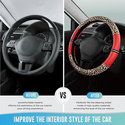 Road Comforts Leopard Steering Wheel Cover for Women, Cute Anti-Slip Microfiber Leather, Universal Fit 14.5-15 Inch Round Steering Wheel - Red