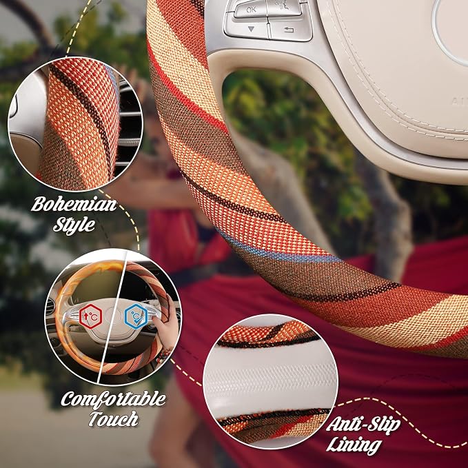 SEG Direct Boho Steering Wheel Cover with Baja Blanket Cloth, Ethnic Style Auto Wheel Cover Made of Coarse Flax, Fits 14 1/2-15 1/4 inches Car Wheel