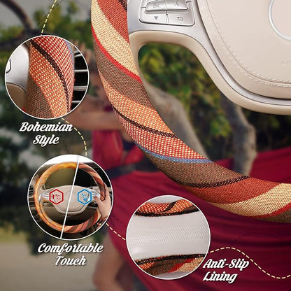 SEG Direct Boho Steering Wheel Cover with Baja Blanket Cloth, Ethnic Style Auto Wheel Cover Made of Coarse Flax, Fits 14 1/2-15 1/4 inches Car Wheel