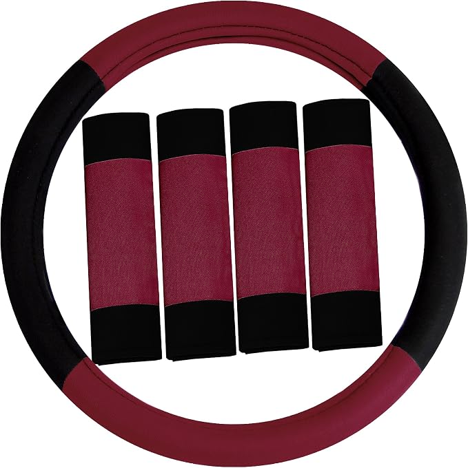 FH Group Car Seat Covers Combo Full Set with Carpet Floor mats Steering Wheel Cover and Seat Belt Pads- Universal Fit for Cars Trucks and SUVs (Burgundy)