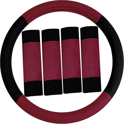 FH Group Car Seat Covers Combo Full Set with Carpet Floor mats Steering Wheel Cover and Seat Belt Pads- Universal Fit for Cars Trucks and SUVs (Burgundy)