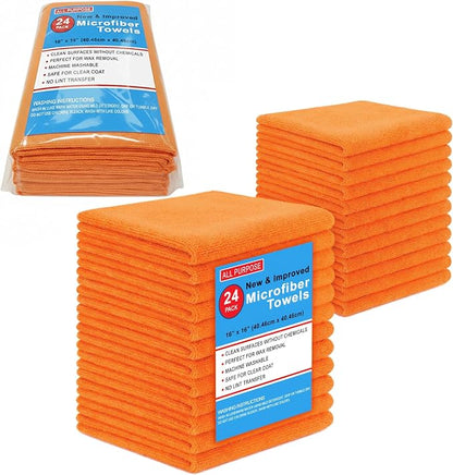Blue Horizon Microfiber Cleaning Towels, Pack of 24, Ultra Soft Plush Washcloth, All Purpose Premium Microfiber Detailing Cleaning Cloths Reusable Shop Towels (16" x 16", Orange)