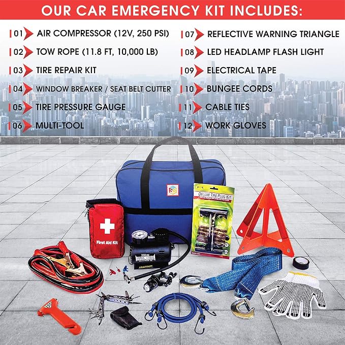 Car Emergency Kit with Air Compressor, Jumper Cables, First Aid, Tow Strap, Tire Gauge, Headlamp – Roadside Safety Kit for Women, Men, Teens