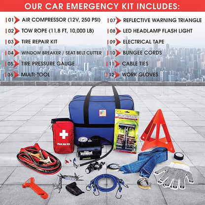 Car Emergency Kit with Air Compressor, Jumper Cables, First Aid, Tow Strap, Tire Gauge, Headlamp – Roadside Safety Kit for Women, Men, Teens