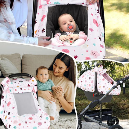 Pea Pod Car Seat Cover Baby, Infant Car Seat Canopy Covers with 2 Layers Windows of Breathable Mesh Fabric, Lightweight Polyester, Soft Minky Dot Backing (Floral Pattern)