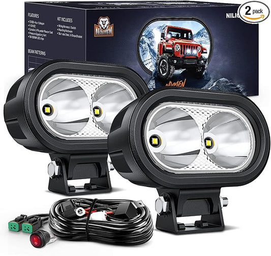 Nilight 2 PCS 4 Inch Motorcycle LED Pods 2100LM Built-in EMC Driving Light Super Spotlight Offroad Fog Lights w/ 16AWG DT Wiring Kit for Motorbike SUV ATV Truck Boat Tractor Forklift