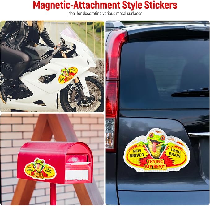 3 Pcs Reflective Student Driver Magnet and Stickers Set - Funny Animal New Driver Safety Signs for Car, Waterproof & Weatherproof High Visibility Vehicle Bumper Decals, Magnet + Stickers (Tree frog)