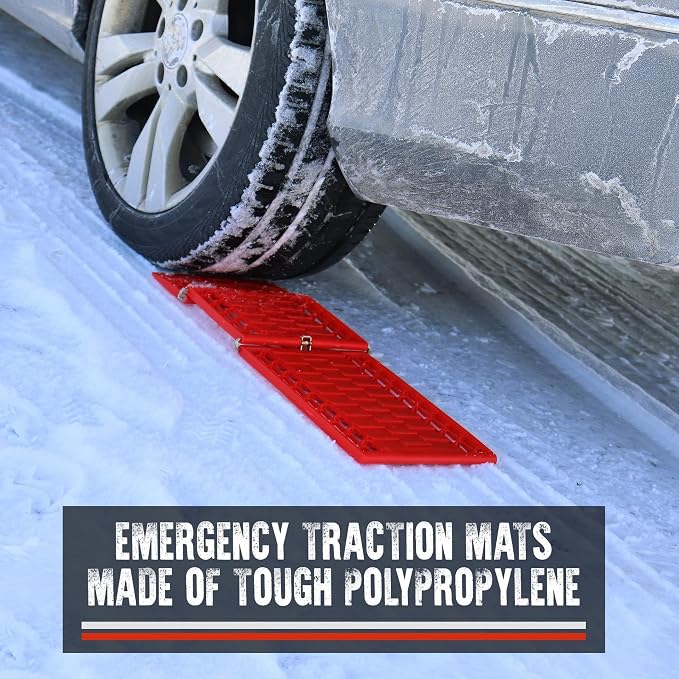 Koolatron Oskar Emergency Roadside Kit – 3-Piece Vehicle Safety Set with Folding Tire Traction Mats & Reflective Warning Triangle – Car, SUV, Truck Essentials for Snow, Ice, Mud, Sand