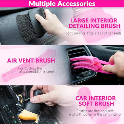 ThinkLearn Car Cleaning Kit, Car Corded Vacuum Detailing Kit Interior with High Power Handheld Vacuum, Including 7Pcs Detailing Brush Set, Windshield Cleaner, Pink Car Accessories for Women