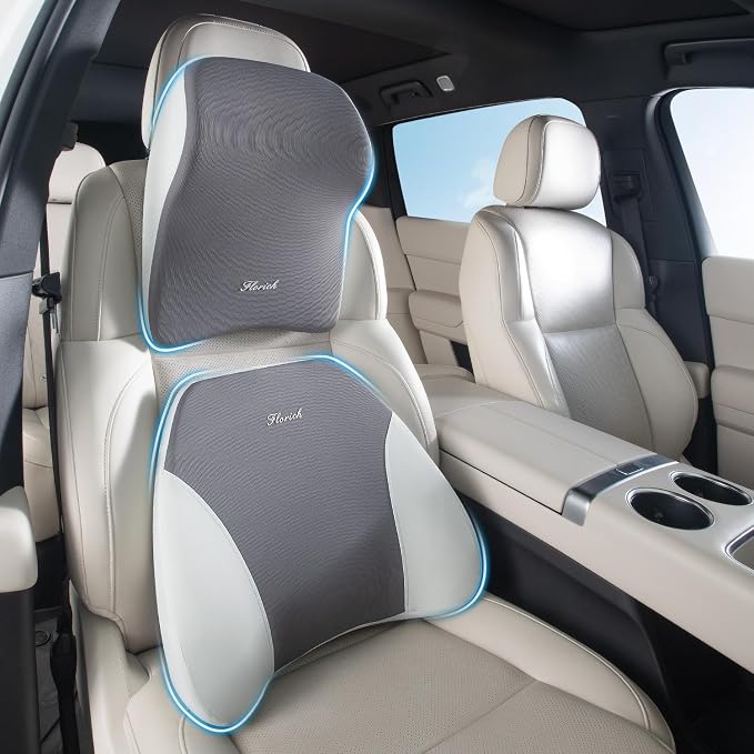 FLORICH Upgrade Lumbar Support and Car Neck Pillow, Back Support and Headrest Pillow for Car Seat Driver, Memory Foam Back Neck Support Pillow and Car Seat Lumbar Support for Car Office Chair - Gray