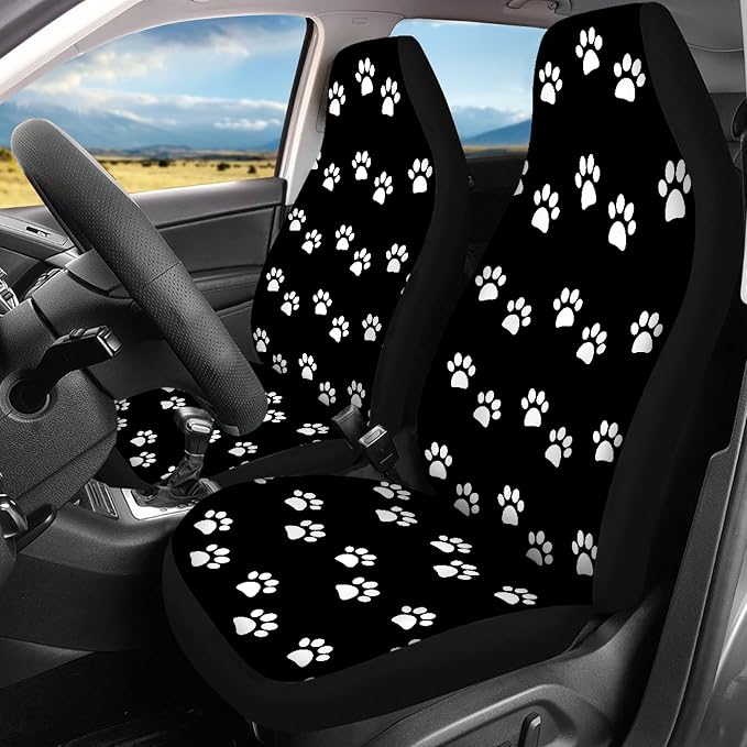 Paw Print Car Seat Covers Full Set,White Animal Pet Claws on Black Cute Animal Footprints Vehicle Front Rear Bench Cushion Protectors Auto Interior Accessories Universal Fit for Trucks Sedans