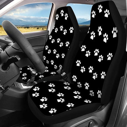 Paw Print Car Seat Covers Full Set,White Animal Pet Claws on Black Cute Animal Footprints Vehicle Front Rear Bench Cushion Protectors Auto Interior Accessories Universal Fit for Trucks Sedans