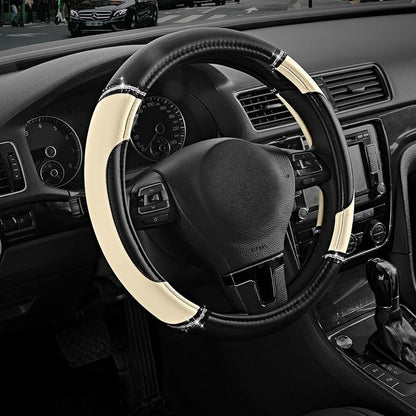 Road Comforts Leather Steering Wheel Cover - Made with PVC Leather - Anti-Slip, Universal Fit 14 1/2 inches to 15 inches - Milky White