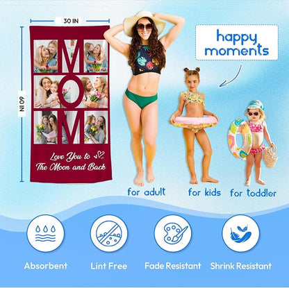 JML Mothers Day Birthday Gifts for Mom from Daughter Son, Personalized Beach Towel with Photo, Custom Beach Towel Gift for Mommy, Grandma, Women, Wife Anniversary Family Day, Summer, Holiday