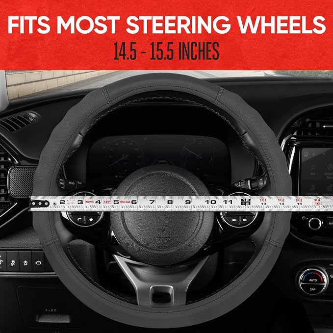 Motor Trend Soft Touch Leather Gray Steering Wheel Cover with Grooves, Advanced Traction Universal Fit for Standard Sizes 14.5 15 15.5 inches