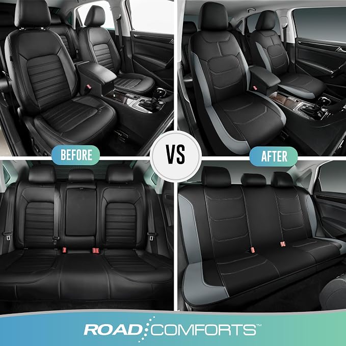 Road Comforts Seat Covers, Premium Leather Car Seat Covers Full Set,Airbag Compatible, Automotive Seat Covers Universal Fit Most Cars,Vans,Truck,SUV, Grey