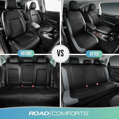 Road Comforts Seat Covers, Premium Leather Car Seat Covers Full Set,Airbag Compatible, Automotive Seat Covers Universal Fit Most Cars,Vans,Truck,SUV, Grey
