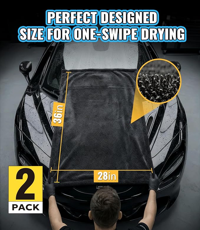 2-Pack 1300 GSM Car Drying Towels – Microfiber Towels for Cars (36" x 28"), Ultra-Absorbent, Streak-Free, Scratch-Free, No Water Spots, Double-Twist Pile & Edgeless Design