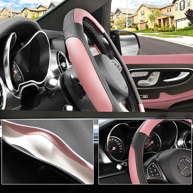 SEG Direct Steering Wheel Cover for Car, Standard Size 14.5-15 inch, Auto Interior Accessories, Black and Pink