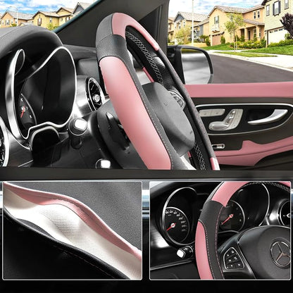 SEG Direct Steering Wheel Cover for Car, Standard Size 14.5-15 inch, Auto Interior Accessories, Black and Pink