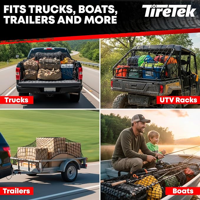 Cargo Net for Pickup Truck Bed (4'x6' Stretches to 8'x12') Double Thick Heavy Duty Truck Bed Net for Dad, & Husband - 12 Metal Carabiners, Bungee Mesh Accessory with Strap Hooks