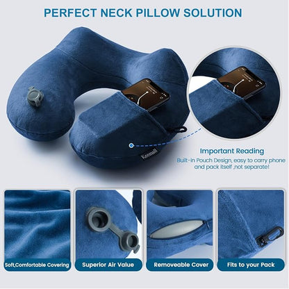 Keemall Inflatable Neck Pillow Airplane, Comfortable Inflatable Travel Neck Pillows for Airplanes Traveling on Plane, Soft Plush Cover Head Neck Rest Sleeping Long Flight for Car Train Office Home
