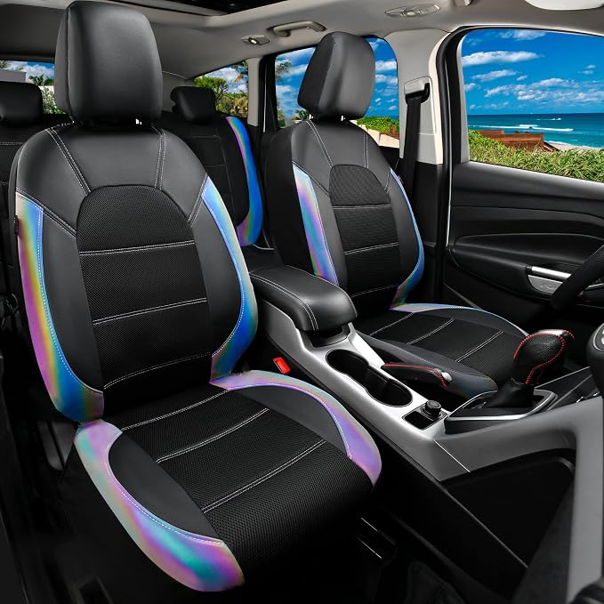 CAR PASS Leather Car Seat Covers Front Seats only, with Air Mesh Front Seat Covers Breathable, Cool Automotive Seat Covers 2 Pack, Universal Fit Most Cars,SUV,Truck,Van Airbag Compatible(Iridescent)