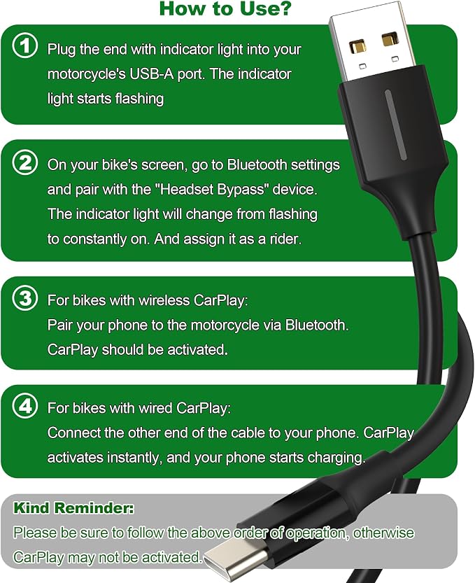 USB-A/C Bypass Motorcycle CarPlay Bluetooth Headset Activate Cable | Enable CarPlay without Headset, Fit for Goldwing 2018-2024, 6 in/Black,More Stable&Safer than Passthoug Adapter