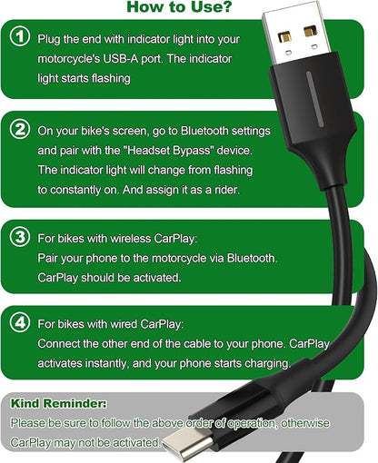 USB-A/C Bypass Motorcycle CarPlay Bluetooth Headset Activate Cable | Enable CarPlay without Headset, Fit for Goldwing 2018-2024, 6 in/Black,More Stable&Safer than Passthoug Adapter