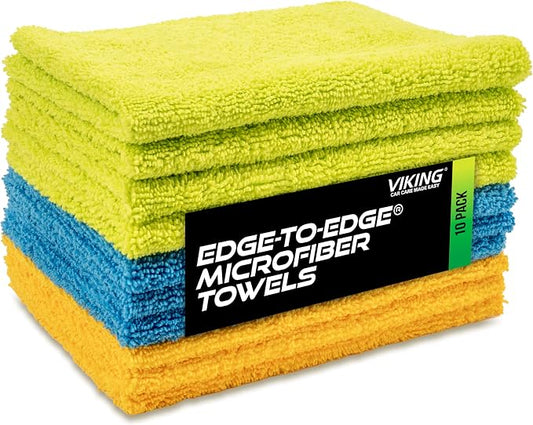 VIKING Microfiber Cloth for Car or Home 10 Pack, Edgeless Towel for Interior and Exterior Car Detailing, Multi-Purpose, Reusable Towels, Assorted, 12 Inch x 16 Inch