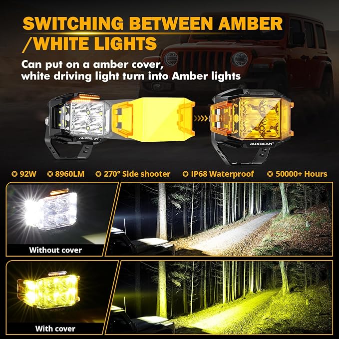 Auxbeam 4" 92W Cube LED Pod with Amber DRL, V-MAX Series Offroad Pod Lights with Side Shooter & Amber Covers, Offroad LED Cube Offroad Square Light 270°Combo Beam Auxiliary Light for Truck Jeep ATV