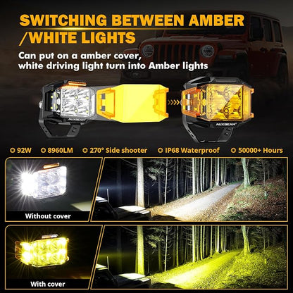 Auxbeam 4" 92W Cube LED Pod with Amber DRL, V-MAX Series Offroad Pod Lights with Side Shooter & Amber Covers, Offroad LED Cube Offroad Square Light 270°Combo Beam Auxiliary Light for Truck Jeep ATV