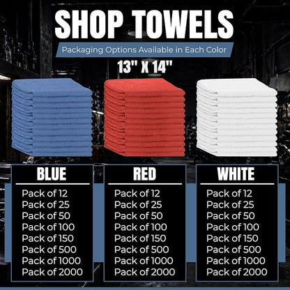 Shop Towels (Blue, 100-Pack) - Bulk Cleaning Towel in a Bag, Mechanic Cotton Wipes for Car Maintenance, Auto Mechanics & Garage, Wipe Grease & Oil, Machine Wash & Reusable