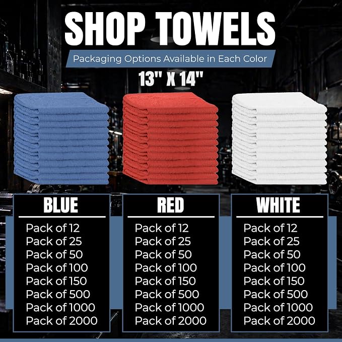 Shop Towels (Blue, 150-Pack) - Bulk Cleaning Towel in a Bag, Mechanic Cotton Wipes for Car Maintenance, Auto Mechanics & Garage, Wipe Grease & Oil, Machine Wash & Reusable