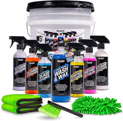 Slick Products Car Wash & Detail Kit (13-Piece) – Complete Car Cleaning & Detailing Kit with Ceramic Wash, Degreaser, Interior Cleaner, Glass Cleaner, Towels, Brush, Wash Bucket & More