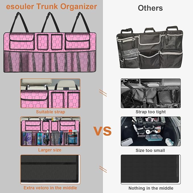 Car Trunk Organizer, Super Capacity Backseat Car Organizer for SUV/Truck/MPV(42"*18"), Hanging Car Storage Organizer with 8 Pocekts, Car Accessories for Women and Men- Pink