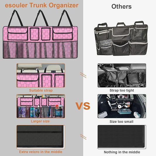 Car Trunk Organizer, Super Capacity Backseat Car Organizer for SUV/Truck/MPV(42"*18"), Hanging Car Storage Organizer with 8 Pocekts, Car Accessories for Women and Men- Pink