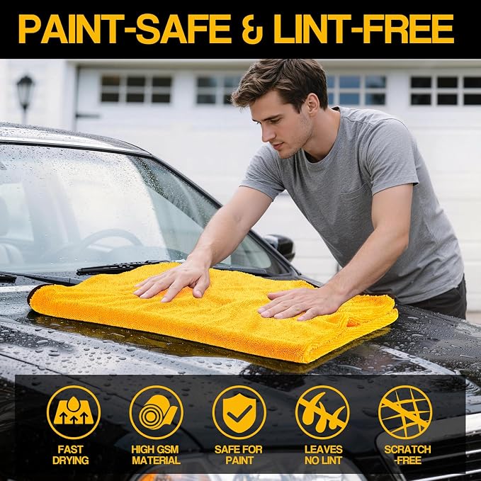 Bolant 4 Pack Twisted Loop Car Drying Towel, 36x24 in Car Towels Cleaning Supplies, Reusable Shammy Quick Dry Cloth for Carwash, for Auto, Boat, Kitchen, Windows & Bathroom（Yellow）