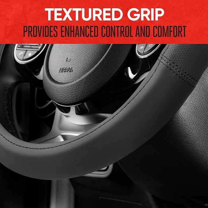 Motor Trend Soft Touch Leather Gray Steering Wheel Cover with Grooves, Advanced Traction Universal Fit for Standard Sizes 14.5 15 15.5 inches