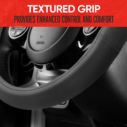 Motor Trend Soft Touch Leather Gray Steering Wheel Cover with Grooves, Advanced Traction Universal Fit for Standard Sizes 14.5 15 15.5 inches