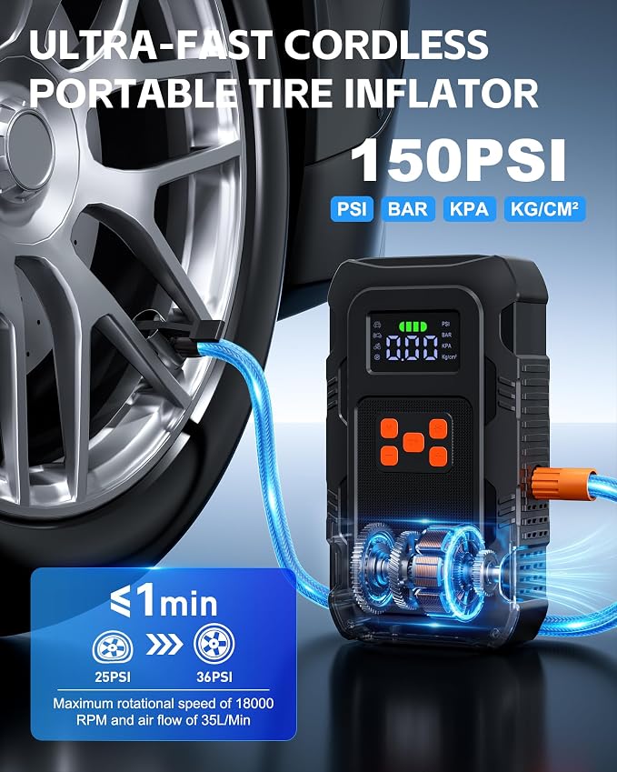 5000A Jump Starter with Air Compressor, Portable Car Battery Jump Starter with 150 PSI Tire Inflator for Up to 10.0L Gas and 8.0L Diesel Engines, 12V Jump Box Battery Charger Booster(Orange)